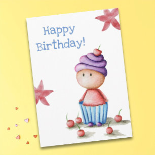 Carte Cute Funny Aquarelle Cupcake Girl Anniversaire