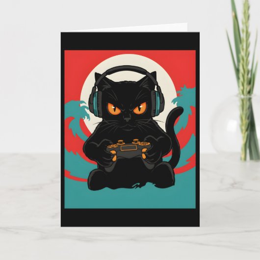 Carte Cute Gamer Cat Headset Retro Console Night Scene (Devant)