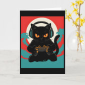 Carte Cute Gamer Cat Headset Retro Console Night Scene (Fleur jaune)