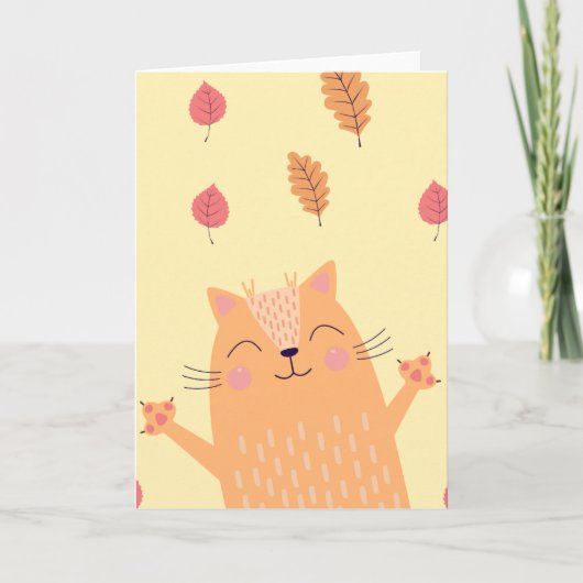 Carte Cute Ginger Orange Chat Jouer dans les feuilles d' (Devant)