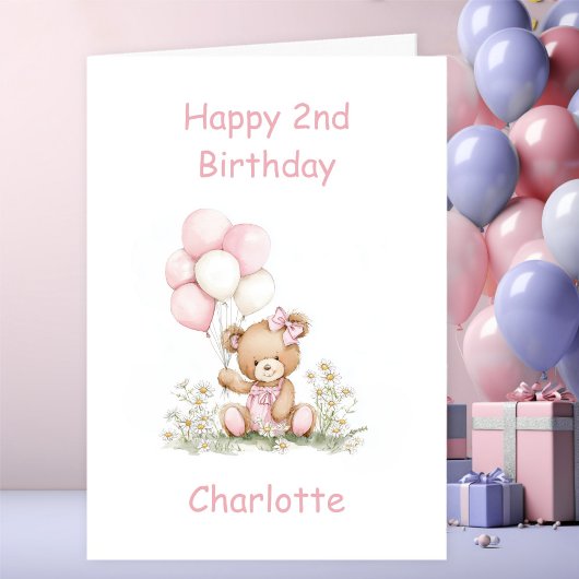 Carte Cute Girl Teddy Bear 2nd Birthday