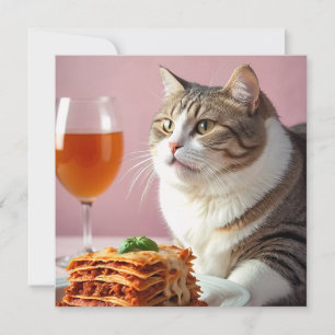 Carte Cute Gray Chat avec Lasagne et Verre à Vin