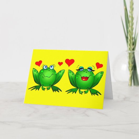 Carte Cute Green Cartoon Frogs Love Hearts Jaune Blank (Devant)