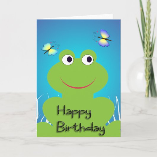 Carte Cute grenouille et papillon.Joyeux anniversaire (Devant)