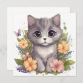 Carte Cute Grey Kitty avec Fleurs Kawaii Chibi (Devant / Derrière)
