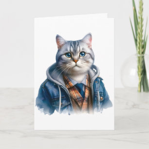 Carte Cute Gris Tabby Chat avec yeux bleus Portant le Sw