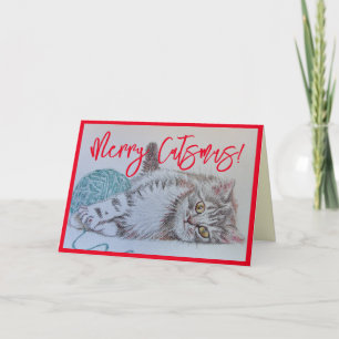 Carte Cute Gris Tabby Chat Kitten Art Christmas Card