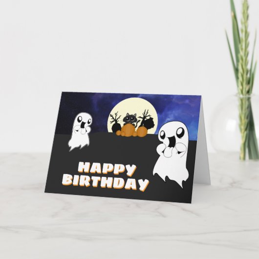 Carte Cute Halloween Anniversaire Fantôme Chat Noir (Devant)