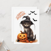 Carte Cute Halloween Chat noir, Citrouille et araignée (Devant/Arrière en situation)