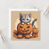 Carte Cute Halloween Kitten et Jack-O'' Lantern (Devant/Arrière en situation)