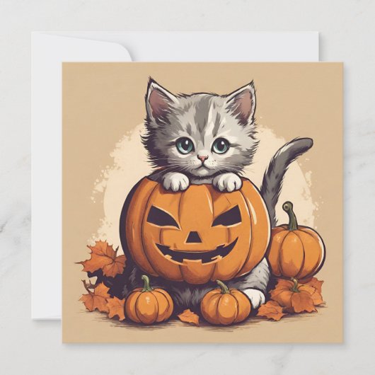 Carte Cute Halloween Kitten et Jack-O'' Lantern (Devant)