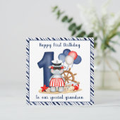 Carte Cute Hippo Nautique 1er anniversaire garçon (Debout devant)