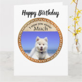 Carte Cute Husky's avec l'oeil bleu assis sur la plage (Fleur jaune)