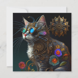 Carte Cute imaginaire steampunk chat et fleurs IA art
