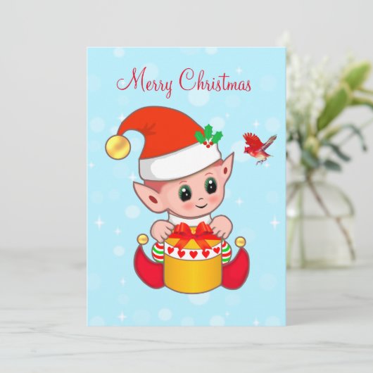 Carte Cute Jolly elf de Noël & oiseau cardinal (Debout devant)