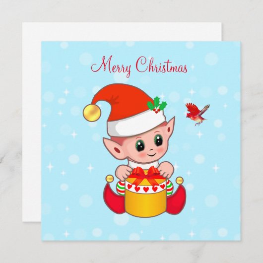 Carte Cute Jolly elf de Noël & oiseau cardinal (Devant / Derrière)