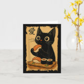 Carte Cute Kawaii Chat Noir Manger Sushi Drôle Japonais (Fleur jaune)