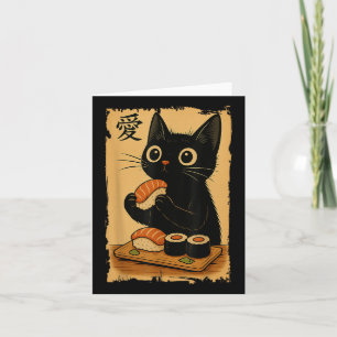 Carte Cute Kawaii Chat Noir Manger Sushi Drôle Japonais