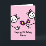 Carte Cute Kids Wouw Flowers Birthday Card<br><div class="desc">Cute cartoon card with happy faces popping in from each side of the card and holding a bunch of flowers. Card has a pink background but it's easy to edit this to a different colour. Easily personalise this card by editing the modèle text on the front and inside. Thanks for...</div>