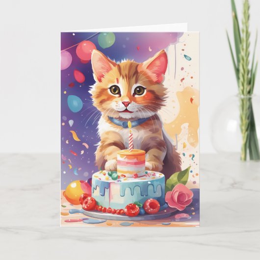 Carte Cute Kitten à la fête avec gâteau (Devant)