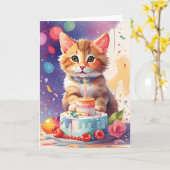 Carte Cute Kitten à la fête avec gâteau (Fleur jaune)