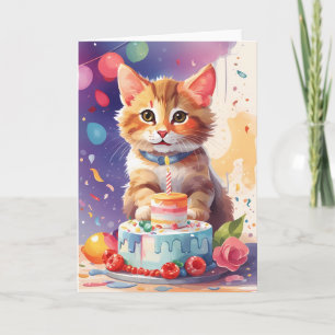 Carte Cute Kitten à la fête avec gâteau