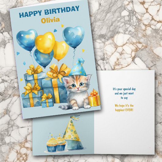 Carte Cute Kitten Blue Gold Balloons pour enfants Annive