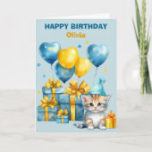 Carte Cute Kitten Blue Gold Balloons pour enfants Annive (Devant)