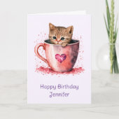Carte Cute Kitten dans un Teacup avec coeur Anniversaire (Devant)