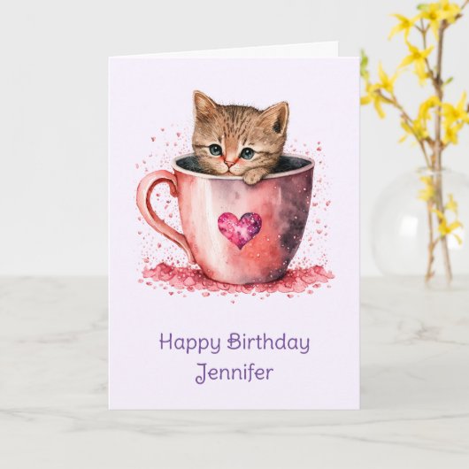 Carte Cute Kitten dans un Teacup avec coeur Anniversaire (Fleur jaune)