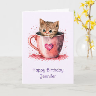 Carte Cute Kitten dans un Teacup avec coeur Anniversaire