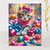 Carte Cute Kitten Jouer dans Bows Anniversaire Grand (Fleur jaune)