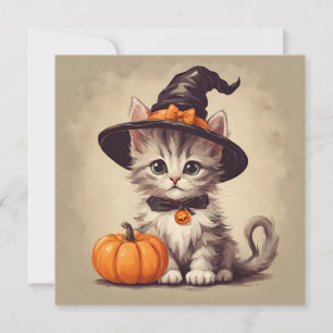 Carte Cute Kitten Vintage en costume sorcier Halloween