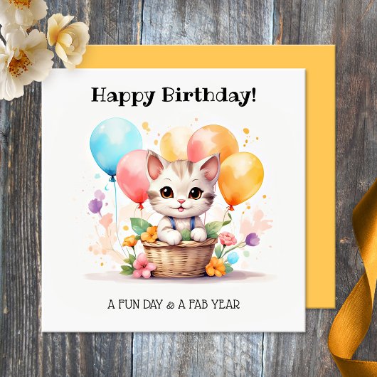 Carte Cute Kitty avec des ballons Joyeux anniversaire