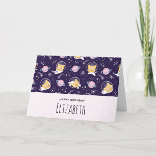 Carte Cute Kitty Chat Astronauts Motif Anniversaire