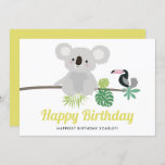 Carte Cute Koala et Toucan Tropical Joyeux anniversaire<br><div class="desc">Envoyez vos voeux d'anniversaire et vos voeux avec cette carte d'anniversaire tropicale. Il présente des illustrations de koala mignon et toucan avec la monstère et d'autres feuilles tropicaux. Personnalisez en ajoutant vos propres détails. Cette jolie carte d'anniversaire sera parfaite pour les fêtes d'anniversaire d'été. Des éléments correspondants sont disponibles.</div>