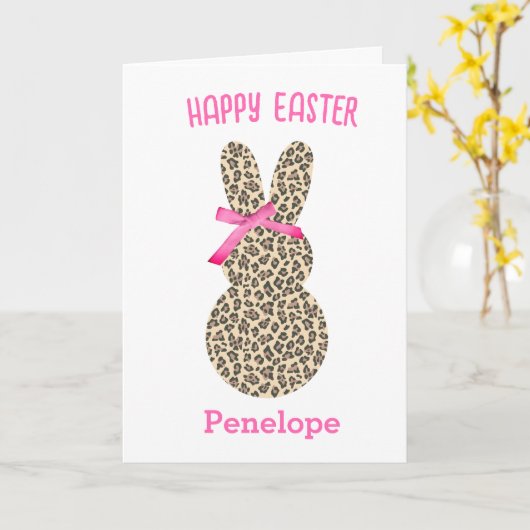 Carte Cute Leopard Bunny Pâques Bow rose (Fleur jaune)