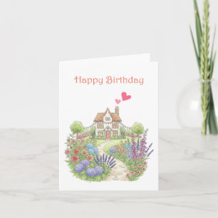 Carte Cute Little House avec Jardin Floral Anniversaire