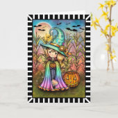 Carte Cute Little Witch and Cat Halloween (Fleur jaune)