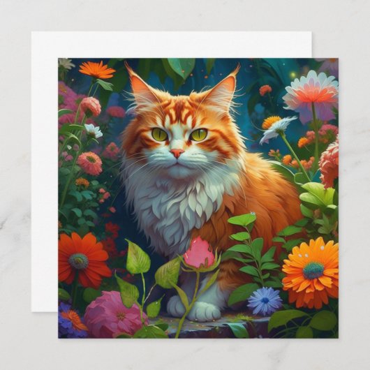 Carte Cute Orange Chat en Fleurs (Devant / Derrière)
