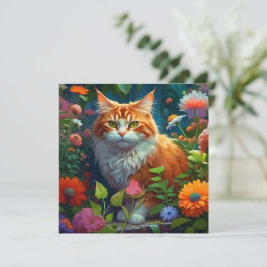 Carte Cute Orange Chat en Fleurs (Debout devant)