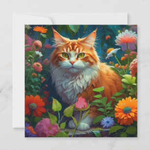 Carte Cute Orange Chat en Fleurs