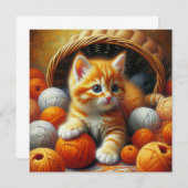 Carte Cute Orange et Kitten blanc Jouer en Fil (Devant / Derrière)