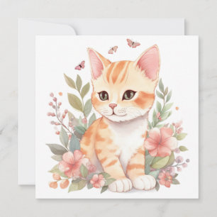 Carte Cute orange Tabby Kitten avec Fleurs Aquarelle
