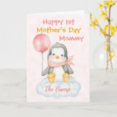 Carte Cute Penguin 1ère Fête des Mères Rose (Fleur jaune)