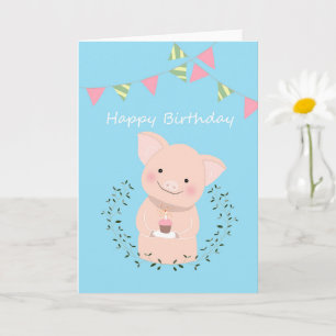 Carte Cute Pig tenant un Cupcake Joyeux anniversaire 