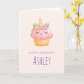 Carte Cute Pink Cupcake Unicorn avec Rose Anniversaire (Fleur jaune)