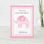 Carte Cute Pink Elephant 1st Birthday Granddaughter<br><div class="desc">A sweet pink elephant 1st birthday granddaughter card. It features a soft pink water color elephant, which says "1st birthday". Vous serez tenu de personnaliser le front de la carte avec votre nom de granddaughter. The inside card message can also be easily personalized. The back of this elephant granddaughter 1st...</div>