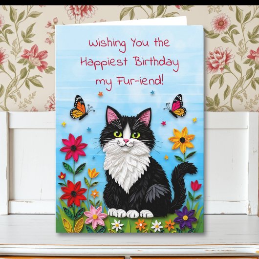 Carte Cute Pink Kitty Cat in Flowers Birthday