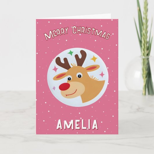Carte Cute Pink Reindeer Kid`s Name Merry Christmas (Devant)